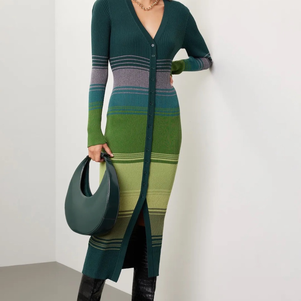 STAUD Shoko midi sweater dress in Pine Forest green stripe